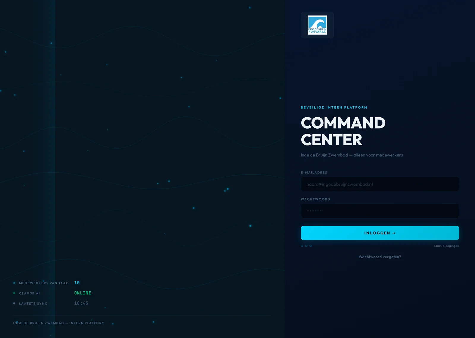 Inloginscherm van het Command Center platform van Inge de Bruijn Zwembad, met live status: medewerkers vandaag, AI online en laatste synchronisatie.